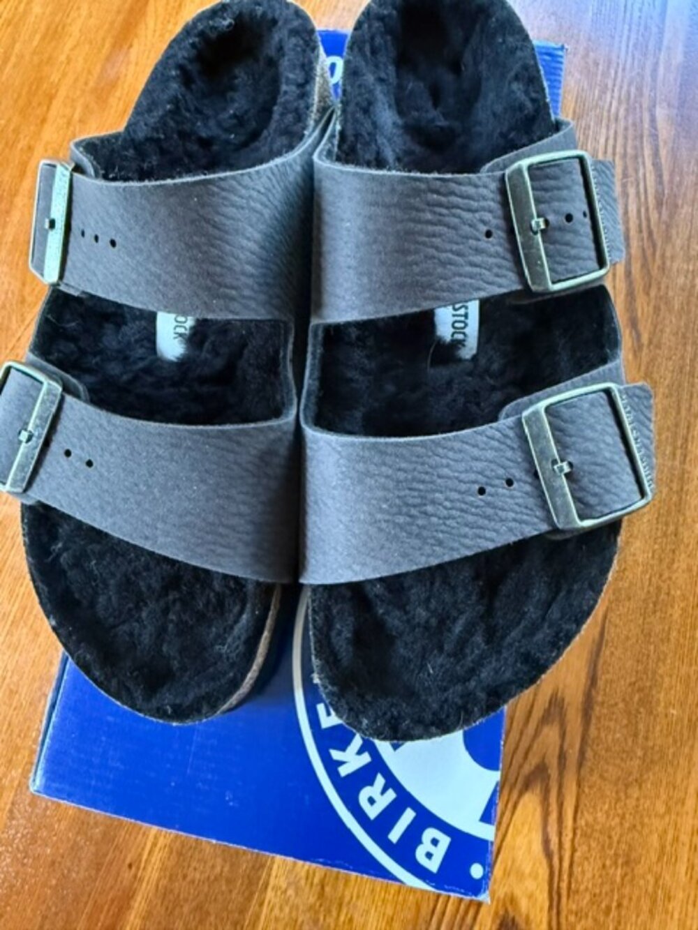 Birkenstock Arizona Shearling Desert Dust Black Sandals 38 Narrow NIB
